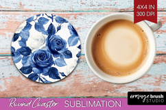 Blue Toile Flowers Round Coaster - Chinoiserie Coaster PNG Product Image 1