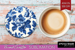 Blue Toile Flowers Round Coaster - Chinoiserie Coaster PNG Product Image 1