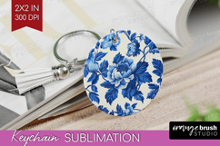 Blue Toile Flowers Keychain PNG - Chinoiserie Keychain Product Image 1