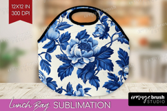 Blue Toile Flowers Lunch Bag - Chinoiserie Lunch Bug PNG Product Image 1