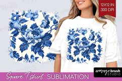 Blue Toile Flowers Square Tshirt Background - Chinoiserie Product Image 1