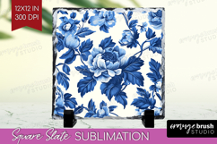 Blue Toile Flowers Slate PNG - Chinoiserie Square Slate Product Image 1