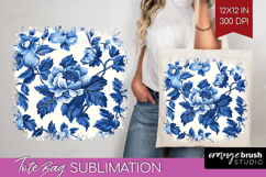 Blue Toile Flowers Tote Bag - Chinoiserie Tote Bag PNG Product Image 1