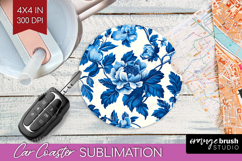 Blue Toile Flowers Car Coaster - Chinoiserie Coaster PNG Product Image 1