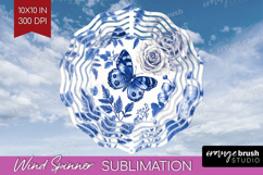 Blue Toile Flowers Wind Spinner Sublimation PNG - Round Product Image 1