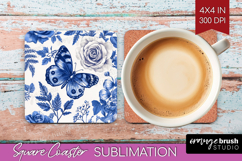 Blue Toile Flowers Square Coaster - Chinoiserie Coaster PNG Product Image 1