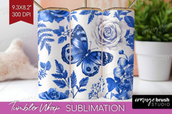 Blue Toile Flowers Tumbler Wrap - Chinoiserie Tumbler PNG Product Image 1