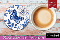 Blue Toile Flowers Round Coaster - Chinoiserie Coaster PNG Product Image 1