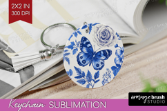 Blue Toile Flowers Keychain PNG - Chinoiserie Keychain Product Image 1
