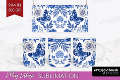 Blue Toile Flowers Mug Wrap - Chinoiserie Mug PNG Product Image 1