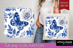 Blue Toile Flowers Tote Bag - Chinoiserie Tote Bag PNG Product Image 1