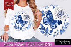 Blue Toile Flowers Round Tshirt Background - Chinoiserie PNG Product Image 1