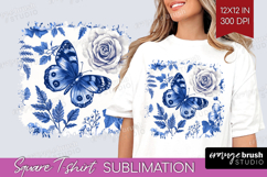 Blue Toile Flowers Square Tshirt Background - Chinoiserie Product Image 1