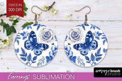 Blue Toile Flowers Round Earrings - Chinoiserie PNG Product Image 1