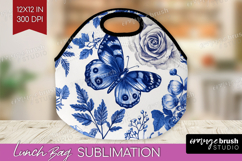 Blue Toile Flowers Lunch Bag - Chinoiserie Lunch Bug PNG Product Image 1