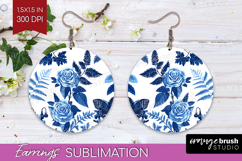 Blue Toile Flowers Round Earrings - Chinoiserie PNG Product Image 1