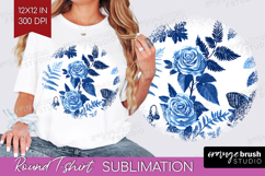 Blue Toile Flowers Round Tshirt Background - Chinoiserie PNG Product Image 1
