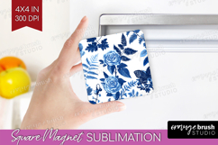 Blue Toile Flowers Magnet Sublimation - Chinoiserie Square Product Image 1