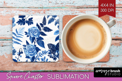 Blue Toile Flowers Square Coaster - Chinoiserie Coaster PNG Product Image 1