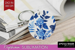 Blue Toile Flowers Keychain PNG - Chinoiserie Keychain Product Image 1