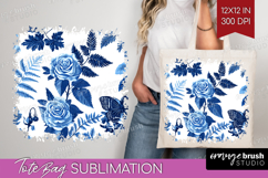 Blue Toile Flowers Tote Bag - Chinoiserie Tote Bag PNG Product Image 1