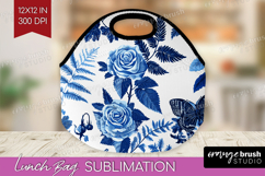 Blue Toile Flowers Lunch Bag - Chinoiserie Lunch Bug PNG Product Image 1