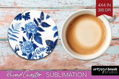 Blue Toile Flowers Round Coaster - Chinoiserie Coaster PNG Product Image 1