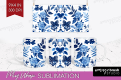 Blue Toile Flowers Mug Wrap - Chinoiserie Mug PNG Product Image 1