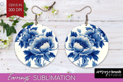 Blue Toile Flowers Round Earrings - Chinoiserie PNG Product Image 1