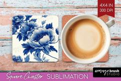Blue Toile Flowers Square Coaster - Chinoiserie Coaster PNG Product Image 1
