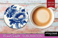 Blue Toile Flowers Round Coaster - Chinoiserie Coaster PNG Product Image 1