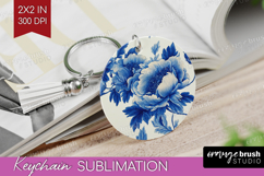 Blue Toile Flowers Keychain PNG - Chinoiserie Keychain Product Image 1