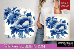 Blue Toile Flowers Tote Bag - Chinoiserie Tote Bag PNG Product Image 1