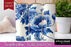 Blue Toile Flowers Tumbler Wrap - Chinoiserie Tumbler PNG Product Image 1