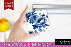 Blue Toile Flowers Magnet Sublimation - Chinoiserie Square Product Image 1