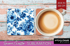 Blue Toile Flowers Square Coaster - Chinoiserie Coaster PNG Product Image 1