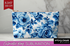 Blue Toile Flowers Cosmetic Bag - Chinoiserie Makeup Bag PNG Product Image 1