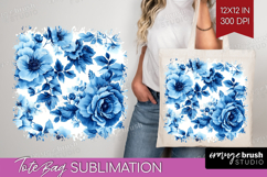 Blue Toile Flowers Tote Bag - Chinoiserie Tote Bag PNG Product Image 1