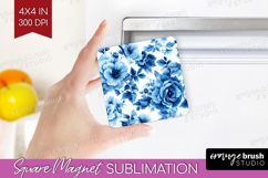 Blue Toile Flowers Magnet Sublimation - Chinoiserie Square Product Image 1