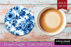 Blue Toile Flowers Round Coaster - Chinoiserie Coaster PNG Product Image 1