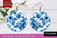 Blue Toile Flowers Round Earrings - Chinoiserie PNG Product Image 1