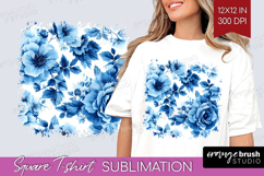 Blue Toile Flowers Square Tshirt Background - Chinoiserie Product Image 1