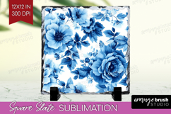 Blue Toile Flowers Slate PNG - Chinoiserie Square Slate Product Image 1