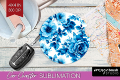 Blue Toile Flowers Car Coaster - Chinoiserie Coaster PNG Product Image 1