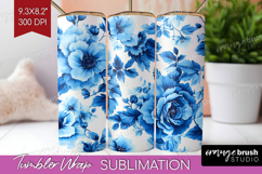 Blue Toile Flowers Tumbler Wrap - Chinoiserie Tumbler PNG Product Image 1