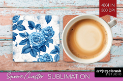 Blue Toile Flowers Square Coaster - Chinoiserie Coaster PNG Product Image 1