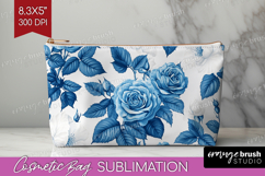 Blue Toile Flowers Cosmetic Bag - Chinoiserie Makeup Bag PNG Product Image 1