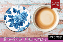 Blue Toile Flowers Round Coaster - Chinoiserie Coaster PNG Product Image 1
