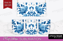 Blue Toile Flowers Mug Wrap - Chinoiserie Mug PNG Product Image 1