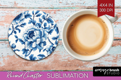 Blue Toile Flowers Round Coaster - Chinoiserie Coaster PNG Product Image 1